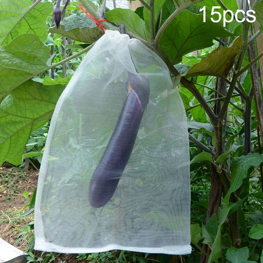 Translucent white nylon insect-proof produce mesh bag with drawstring, covering fruit