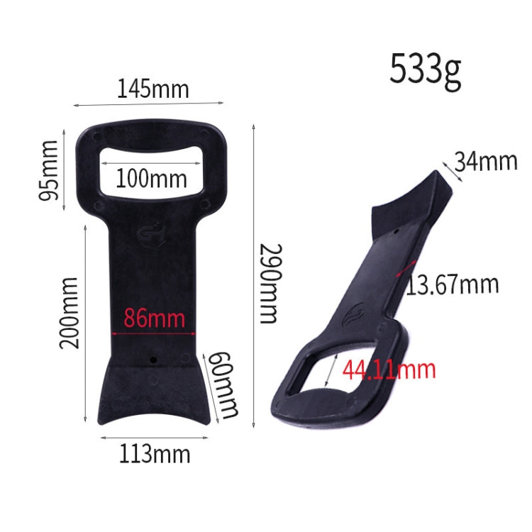 Black plastic tire beading rod with dimensions markings for size comparison
