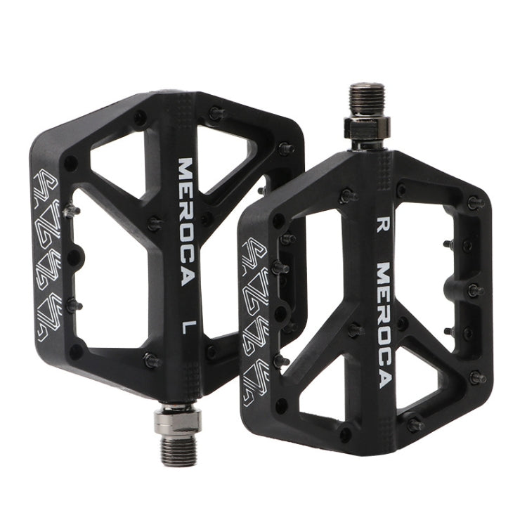 Black MEROCA mountain bike nylon pedal pair with threaded axles and grip pins