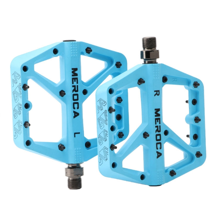 Sky blue MEROCA mountain bike nylon pedal pair with threaded axles and grip pins