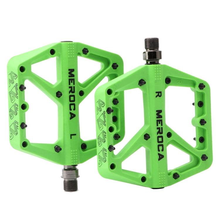Green MEROCA mountain bike nylon pedal pair with threaded axles and grip pins
