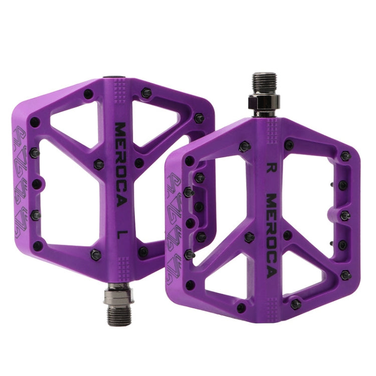 Purple MEROCA mountain bike nylon pedal pair with threaded axles and grip pins