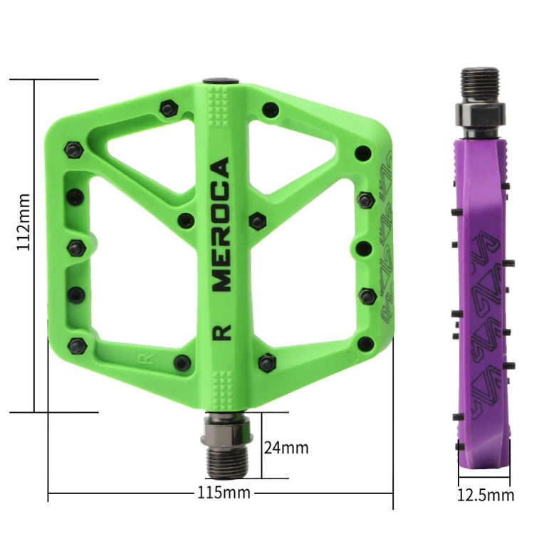 Green and purple MEROCA mountain bike nylon pedals with size measurements diagram
