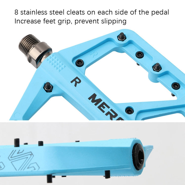 Blue MEROCA mountain bike nylon pedal close-up with stainless steel cleats and axle
