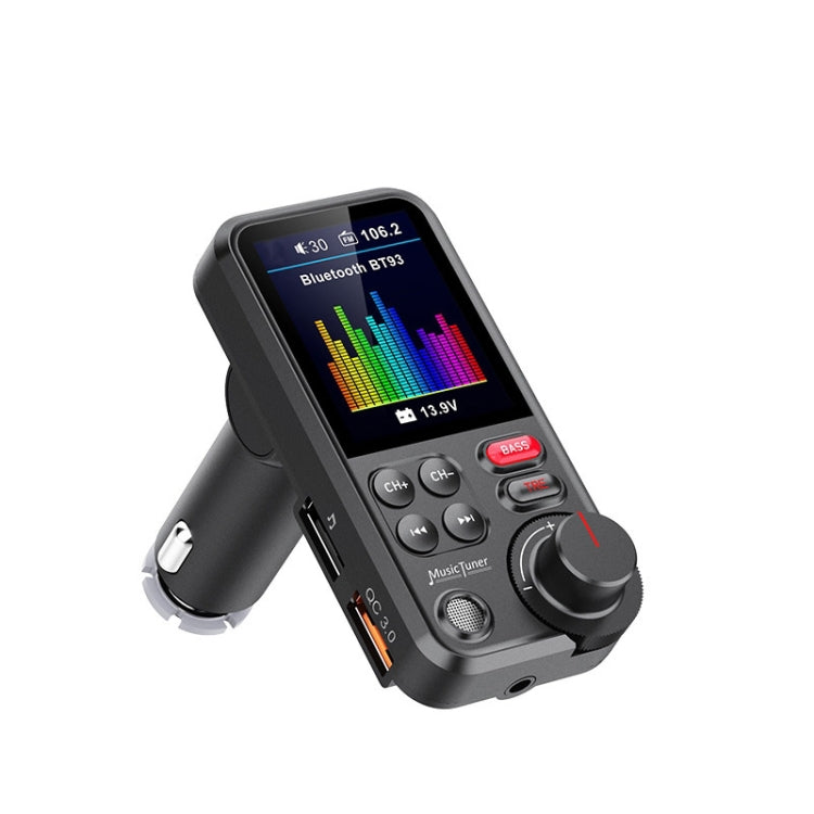 Car Bluetooth MP3 player with color TFT screen, control buttons, and car charger plug
