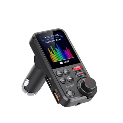 Car Bluetooth MP3 player with color TFT screen, control buttons, and car charger plug