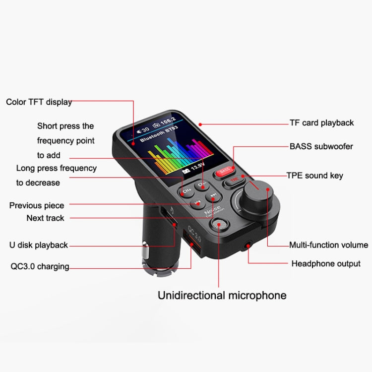 Car Bluetooth MP3 player with color TFT display and multi-button control panel