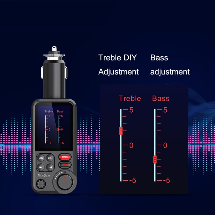 Car Bluetooth MP3 player with bass and treble adjustment sliders and display