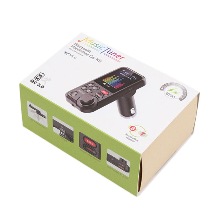 BT93 Bluetooth car MP3 player retail box with product photo and control screen