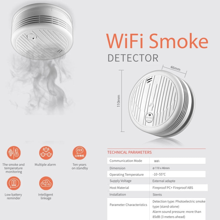 White Wi-Fi smoke detector with vented front face and central test/sensor button