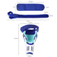 Blue toe splitter brace with strap and white spacer, shown with size measurement diagram