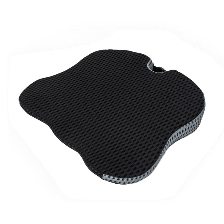 Black car seat cushion with breathable perforated mesh top and contoured memory foam shape