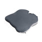Gray car seat cushion with breathable perforated mesh top and contoured memory foam design