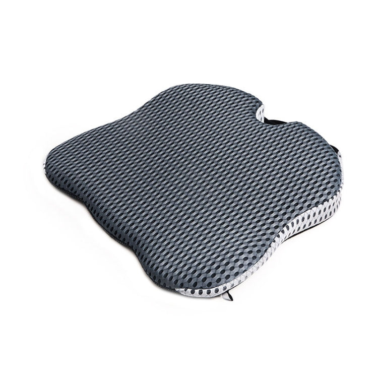 Gray car seat cushion with breathable perforated mesh top and contoured memory foam design