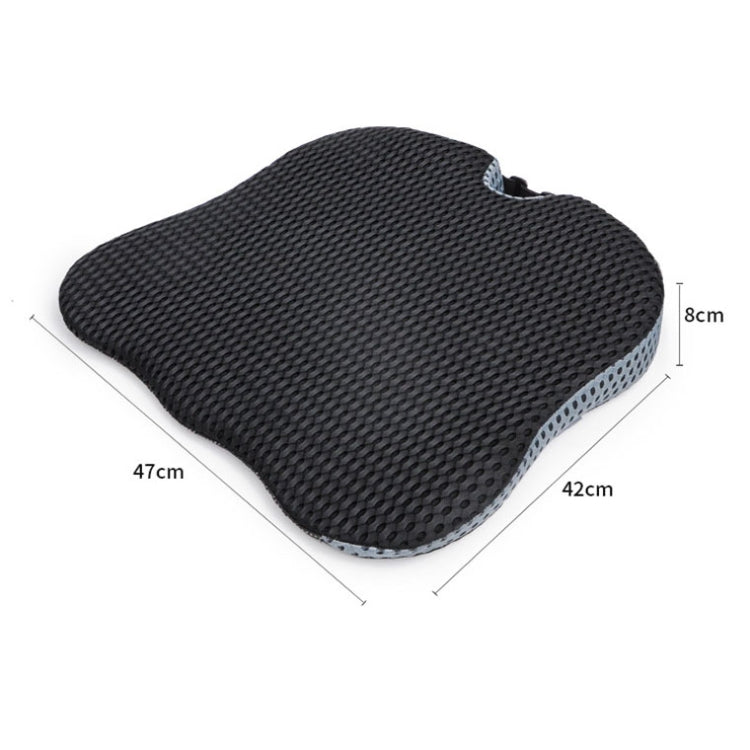 Black car seat cushion dimensions view; contoured memory foam with breathable mesh top