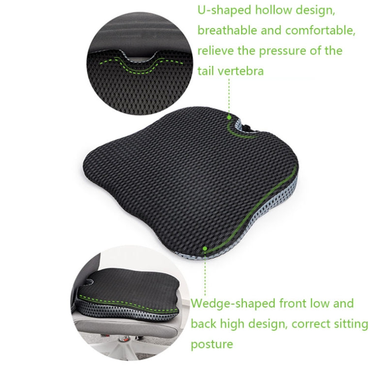 Black contoured car seat cushion with breathable mesh cover and inset headrest notch