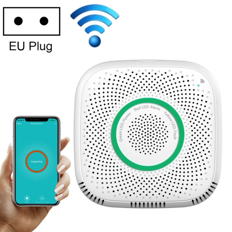 WiFi gas leak detector with EU plug, white unit with green alarm status ring