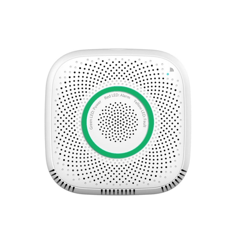 WiFi gas leak detector, white device with green alarm ring and perforated speaker grille