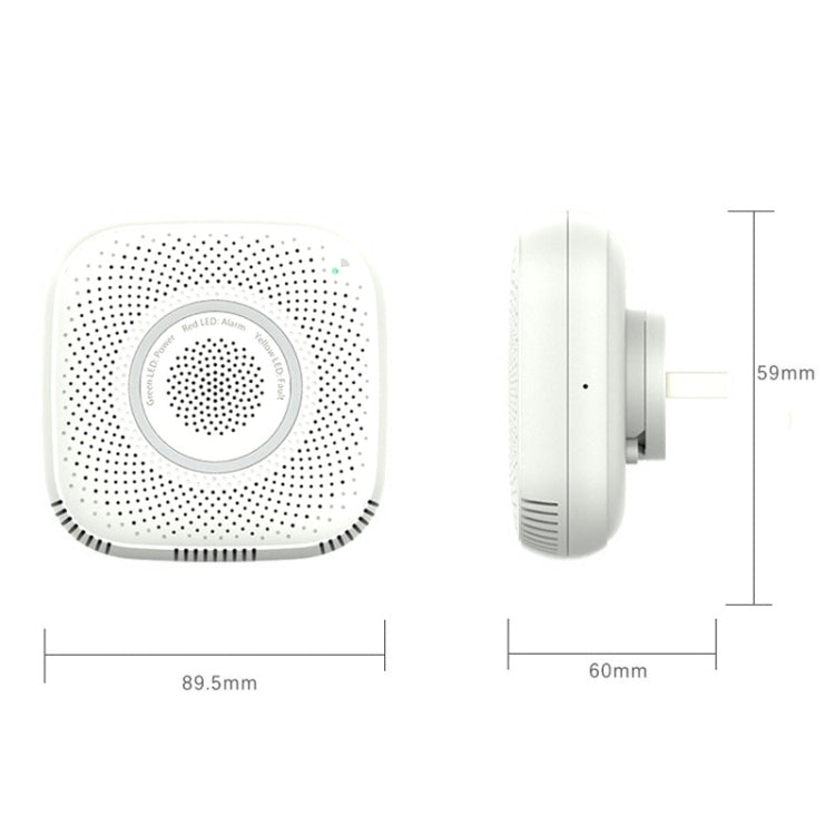 WiFi gas leak detector, white side view with wall-mount plug and device dimensions