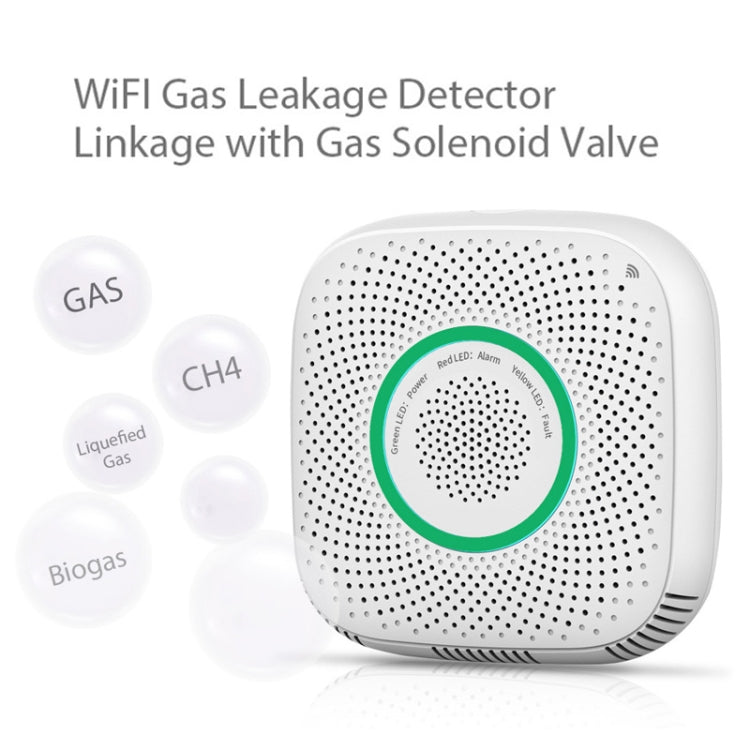 WiFi gas leak detector with green alarm ring, white casing with perforated speaker grille