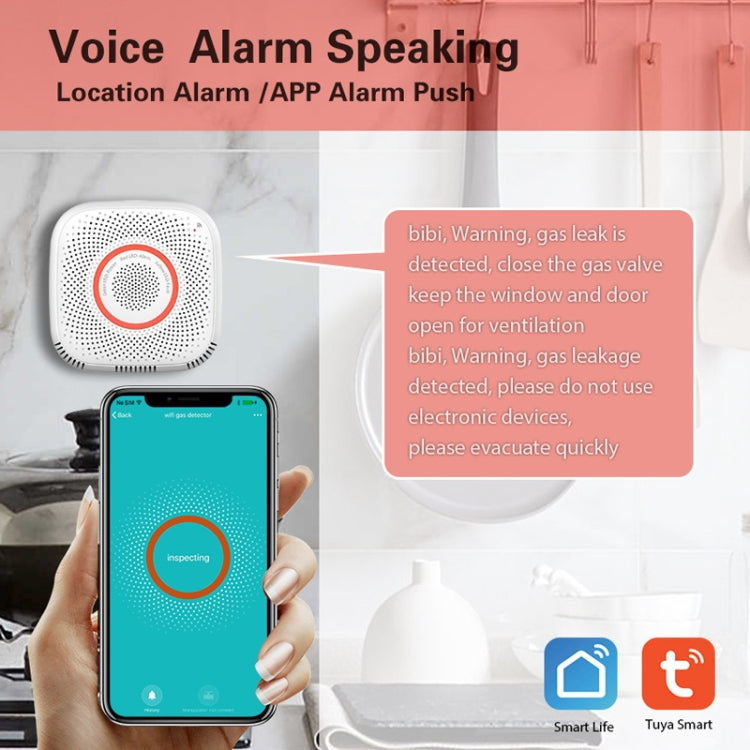 WiFi gas leak detector with voice alarm illustration, white casing and green status ring
