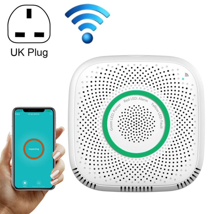 WiFi gas leak detector with UK plug, white unit with green alarm status ring