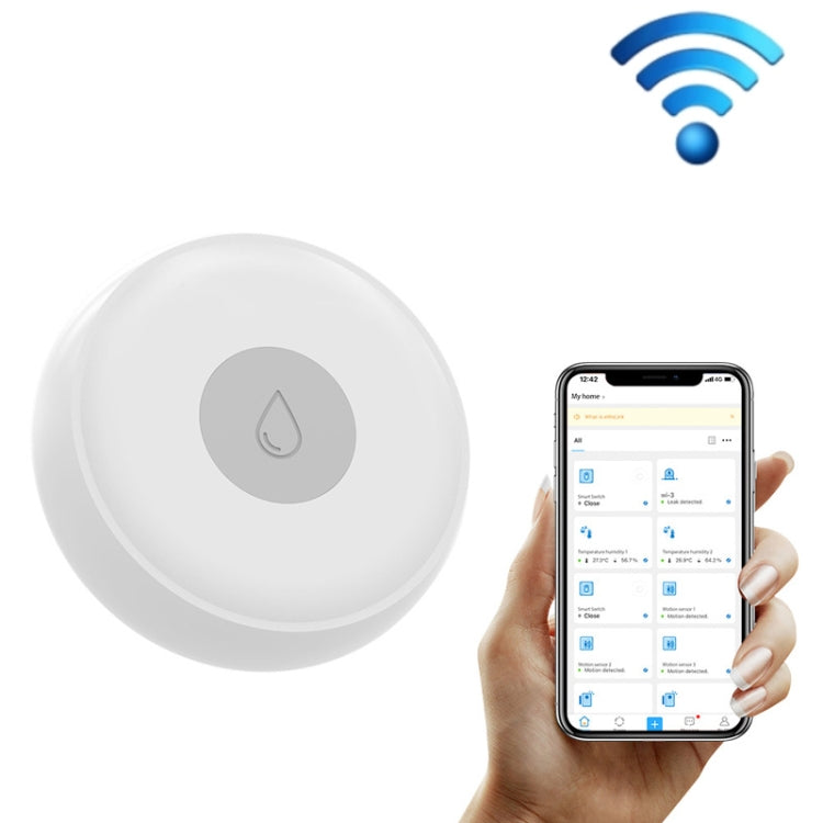 White round water level detector with Wi‑Fi icon and smartphone app view