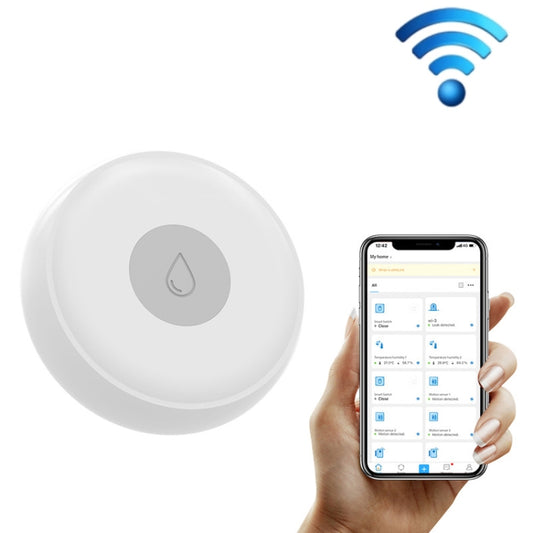 White round water level detector with Wi‑Fi icon and smartphone app view