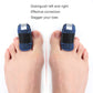 Two feet wearing blue toe sprain support braces with black straps for left and right