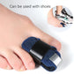 Side view of a blue toe sprain support brace on a toe with black strap and silver bar