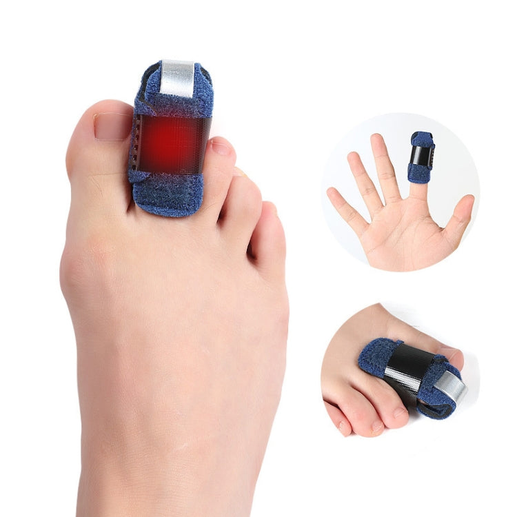 Blue toe sprain support brace with black wrap and silver bar, worn on toes