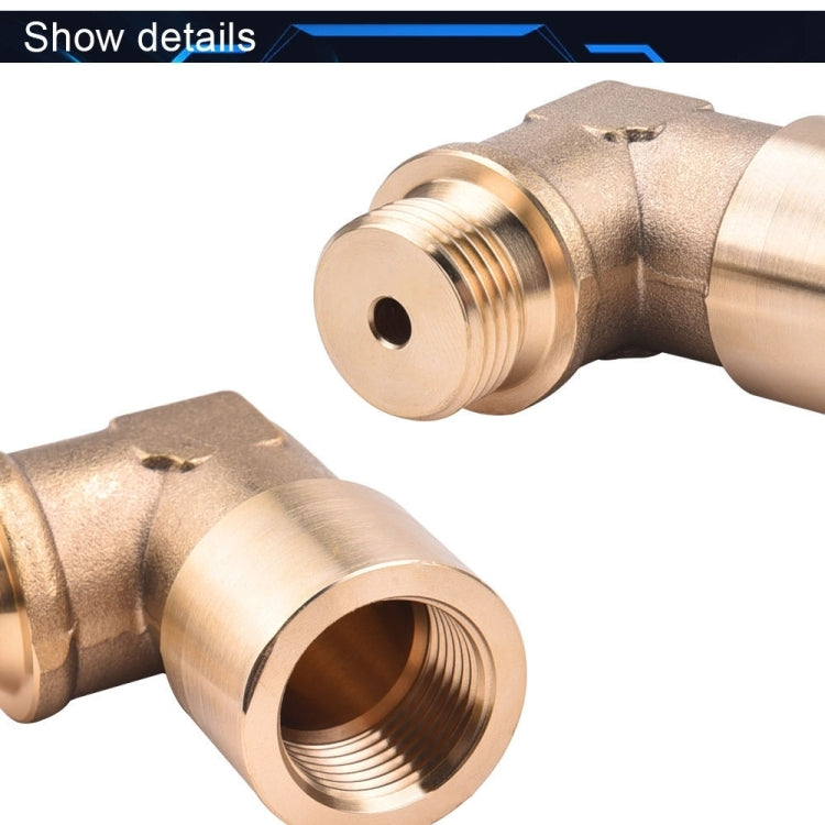 Brass oxygen sensor elbow fitting detail view of threaded ports and face