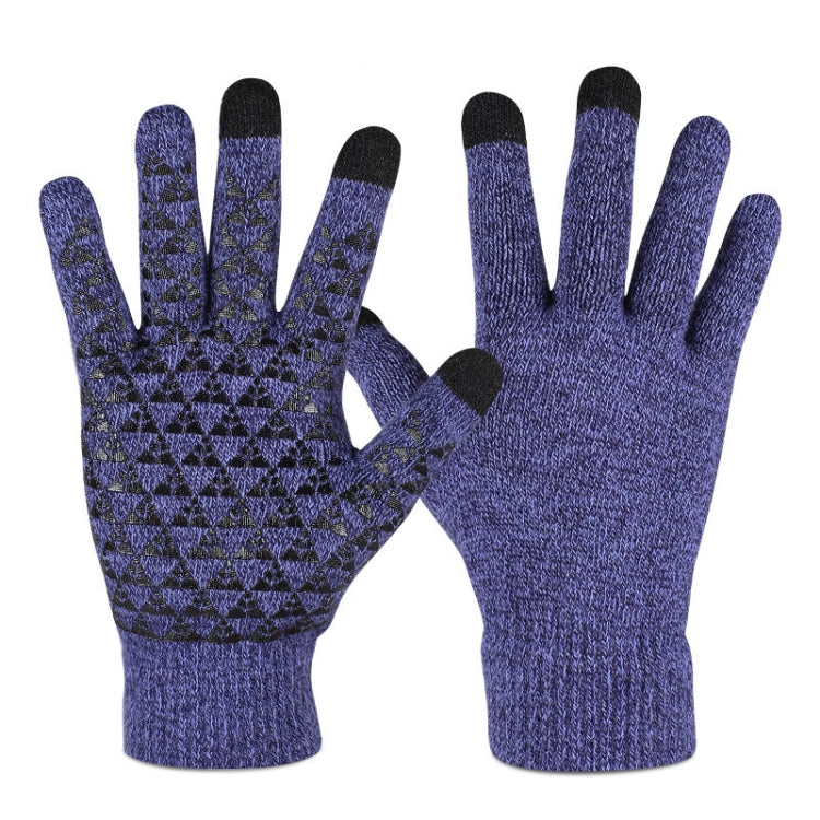 Pair of blue knitted touch screen gloves with textured palm pattern and dark finger pads