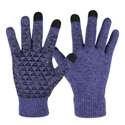 Pair of blue knitted touch screen gloves with textured palm pattern and dark finger pads