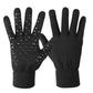 Pair of black knitted touch screen gloves with speckled textured palm and dark finger pads