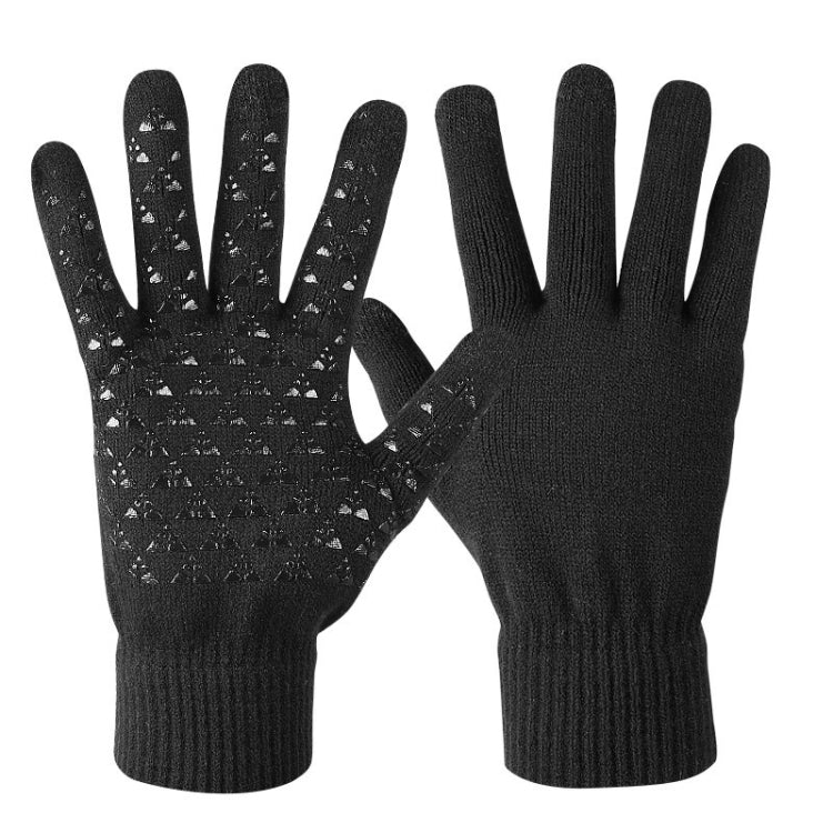 Pair of black knitted touch screen gloves with speckled textured palm and dark finger pads