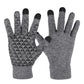 Pair of grey knitted touch screen gloves with textured palm pattern and dark finger pads