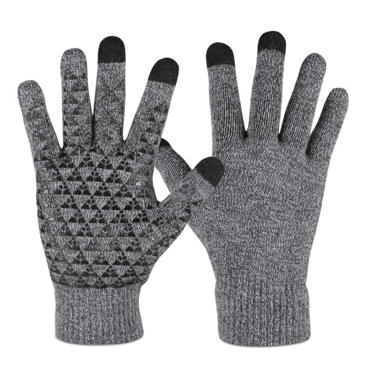 Pair of grey knitted touch screen gloves with textured palm pattern and dark finger pads