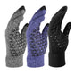 Three pairs of knitted touch screen gloves in grey, blue, and black with textured palms