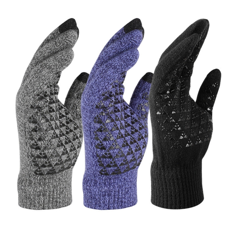 Three pairs of knitted touch screen gloves in grey, blue, and black with textured palms