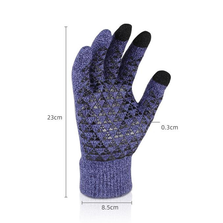 Blue knitted touch screen glove with textured palm pattern and black touch fingertips
