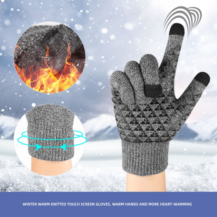 Pair of grey knitted touch screen gloves with textured palm and dark touch fingertips