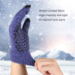 Blue knitted touch screen glove with stretchy fit, ribbed cuff, and textured palm pattern