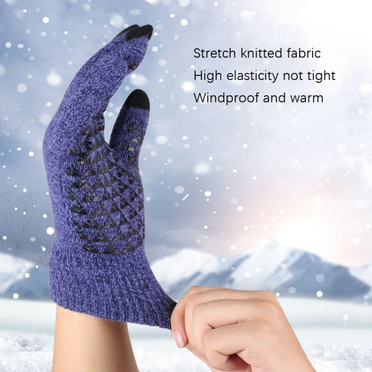 Blue knitted touch screen glove with stretchy fit, ribbed cuff, and textured palm pattern