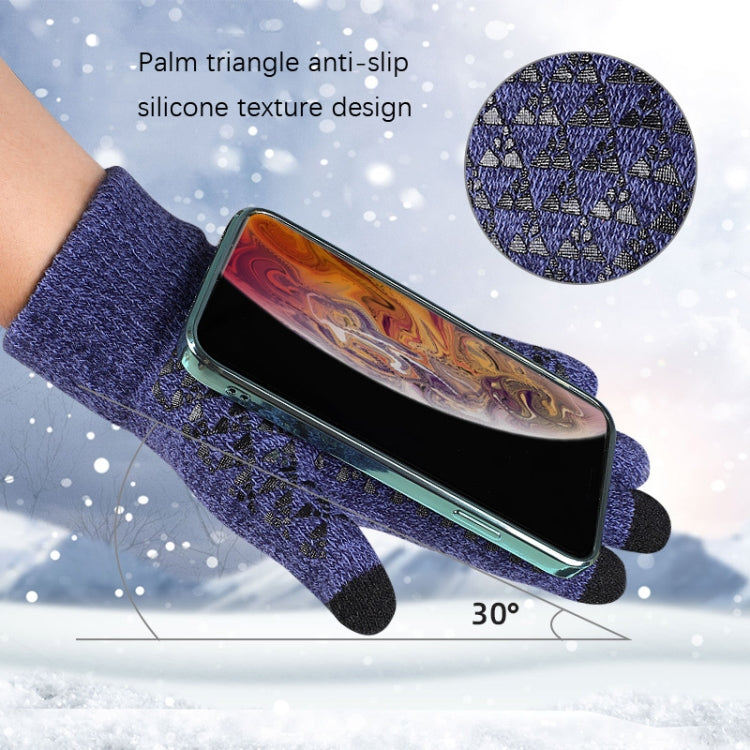 Blue knitted touch screen gloves holding a smartphone; textured palm and black touch fingertips