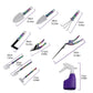 Purple gardening tool set diagram showing shovel, trowel, rake, and sprayer lengths