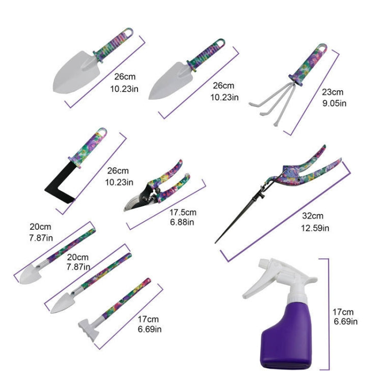 Purple gardening tool set diagram showing shovel, trowel, rake, and sprayer lengths