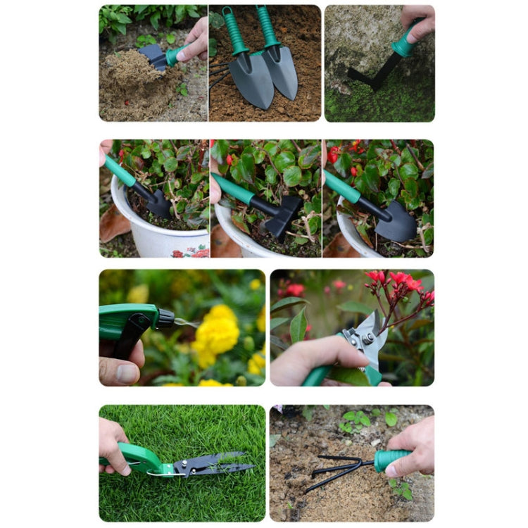 Hands using green gardening tools on plants, soil, and lawn areas