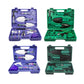 Gardening tool sets in purple and green open cases with assorted tools