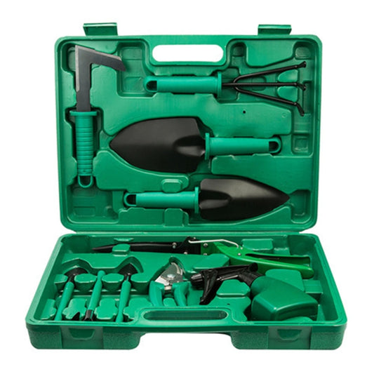 Green potted gardening tool set in open case with hand tools and sprayer
